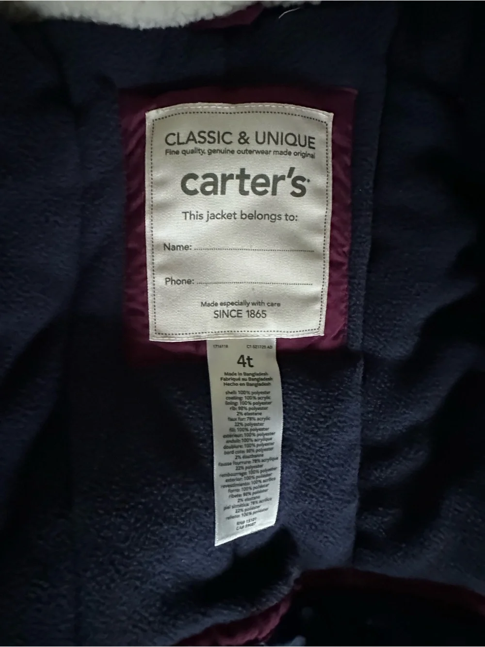 Carter's Plum Hooded Puffer with Faux Fur Trim